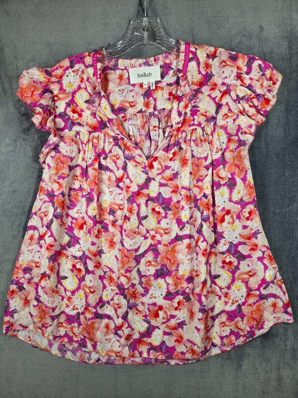 Ba&Sh Top Womens Size M Fuchsia Derick Floral Ruffle Shoulder BOHO Luxe Feminine